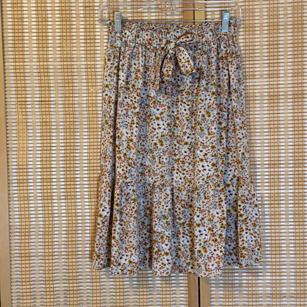 Mimi Chica Floral Tiered Midi Skirt Cream Mustard Blue Boho Rayon Size M